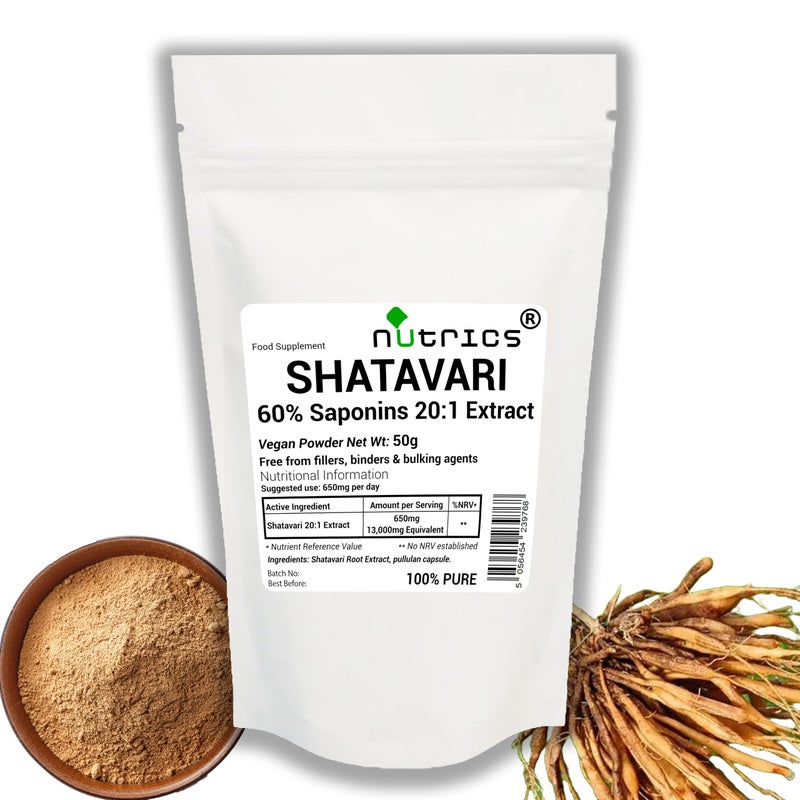 NutricsÂ® 60% Saponins SHATAVARI Root 20:1 Extract Powder 50g - Asparagus Racemosus - No fillers Binders or Bulking Agents (50g Extract Powder, 1, Count)